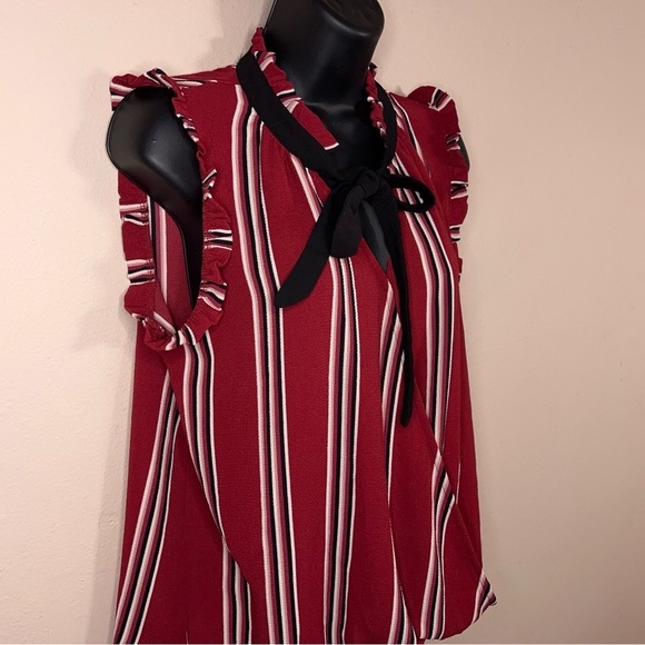 Medium Burgundy Red Striped Blouse Ruffle Accent Tie Neckline Accent Sleeveless - Picture 6 of 13